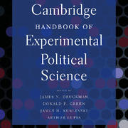 Black background with culti-colored dos, superinposed by the title text "Cambridge Handbook of Experimental Political Science."