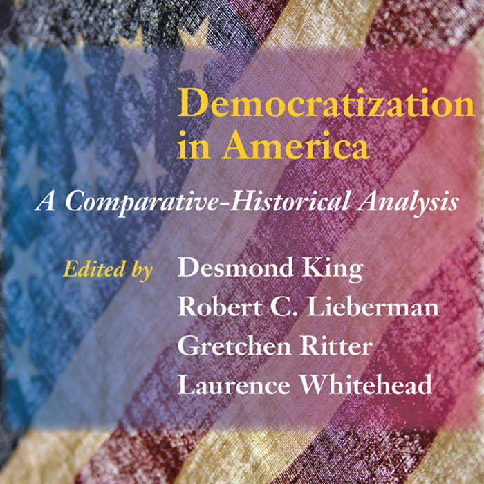 Photo of backlit vintage American Flag with title text "Democratization in America" and author information transposed.