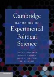 Black background with culti-colored dos, superinposed by the title text "Cambridge Handbook of Experimental Political Science."